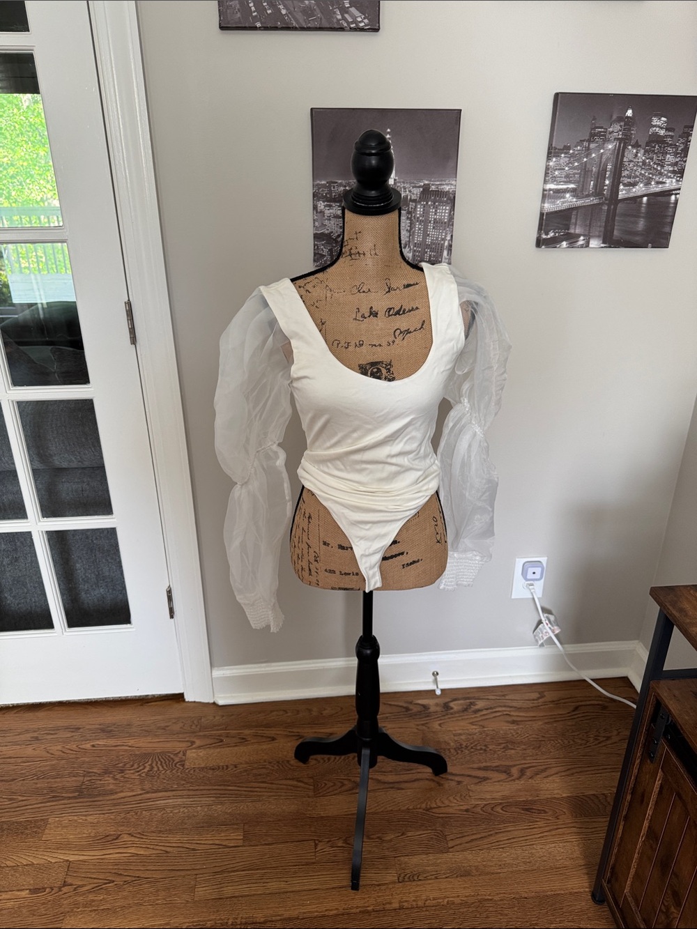 NBD Ivory Scoop Neck Bodysuit with Black Logo Patch